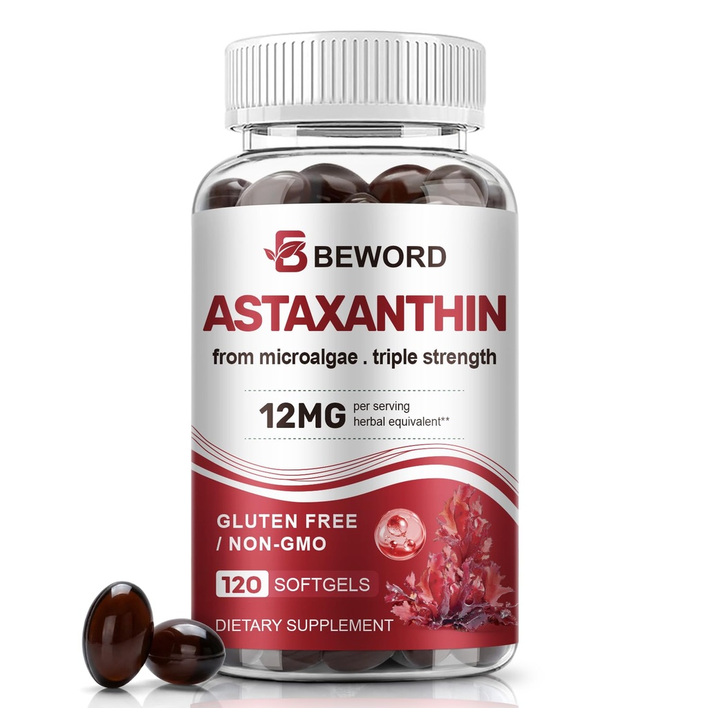 BEWORD Astaxanthin 12mg with MCT Oil, 120 Softgels 4-Month Supply | Premium Antioxidant Supplements | Natural Microalgae, Triple Strength | Supports Skin & Eye Health | Non-GMO, Gluten & Soy-Free