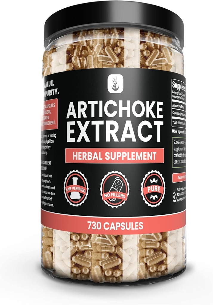 PURE ORIGINAL INGREDIENTES Extracto de Artichoke (730 capsules) No hay magnesio ni artillería de arroz, siempre puro, laboratorio verificado
