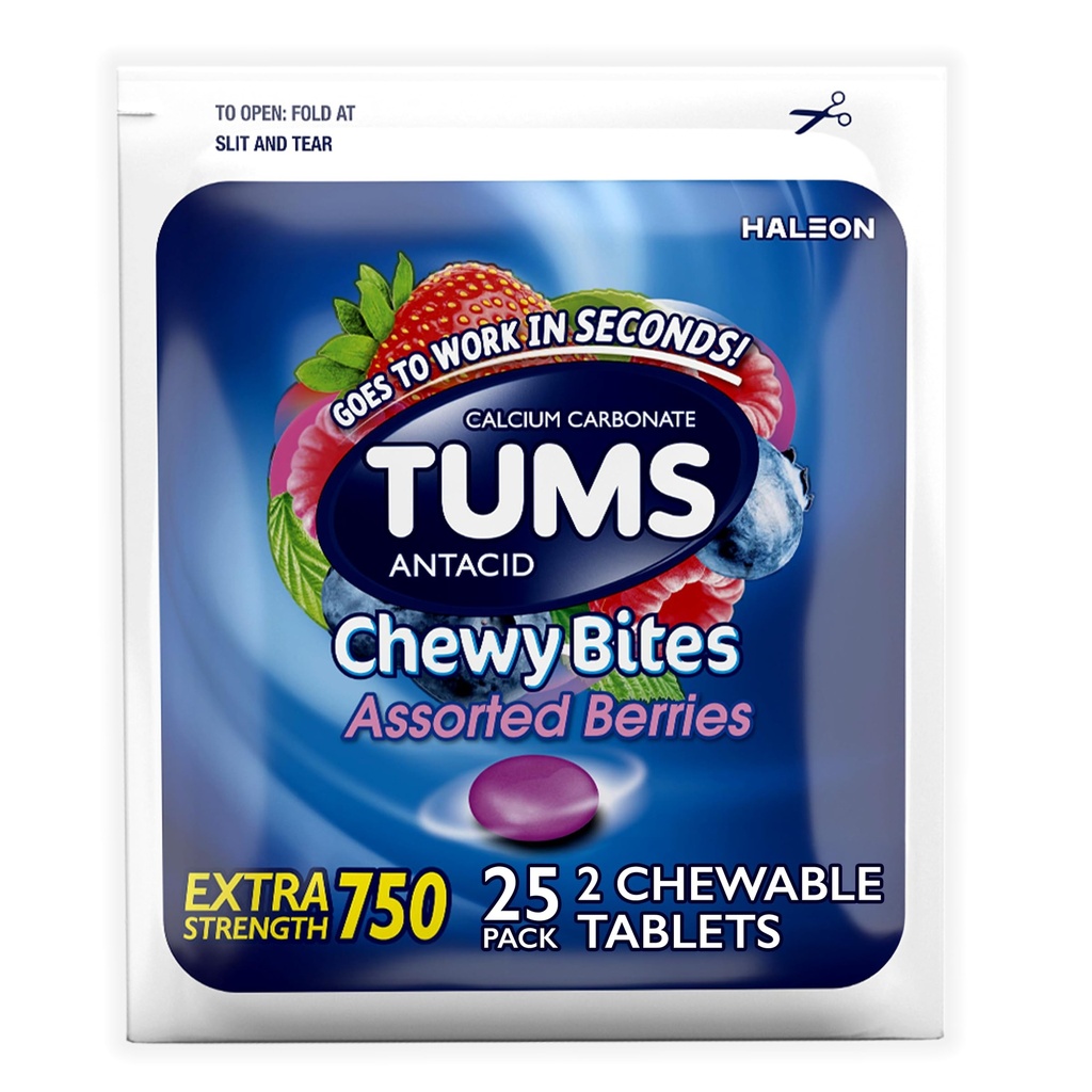 TUMS Chewy Bites Chewable Antacid Tablets for Heartburn Relief, Assorted Berries, 25 Count, 2 Count