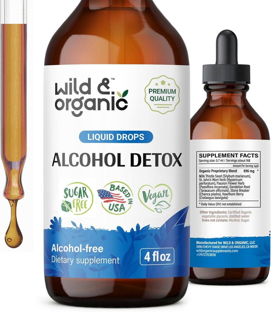 Wild & Organic Alcohol desintoxicación gotas - Riñón del hígado Limpiar con cardo de leche, Chanca Piedra Breaker - Complejo Anti Alcohol para la limpieza del hígado Detox - Vegan, No Azúcar & Aditivos - 4 fl oz