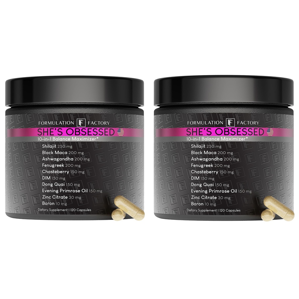 Formulation Factory She's Obsessed: 10-in-1 Hormone Balance Maximizer with Shilajit, Maca, Ashwagandha, DIM, Dong Quai, Zinc & More for Vitality & Balance 240 Count (Pack of 2)