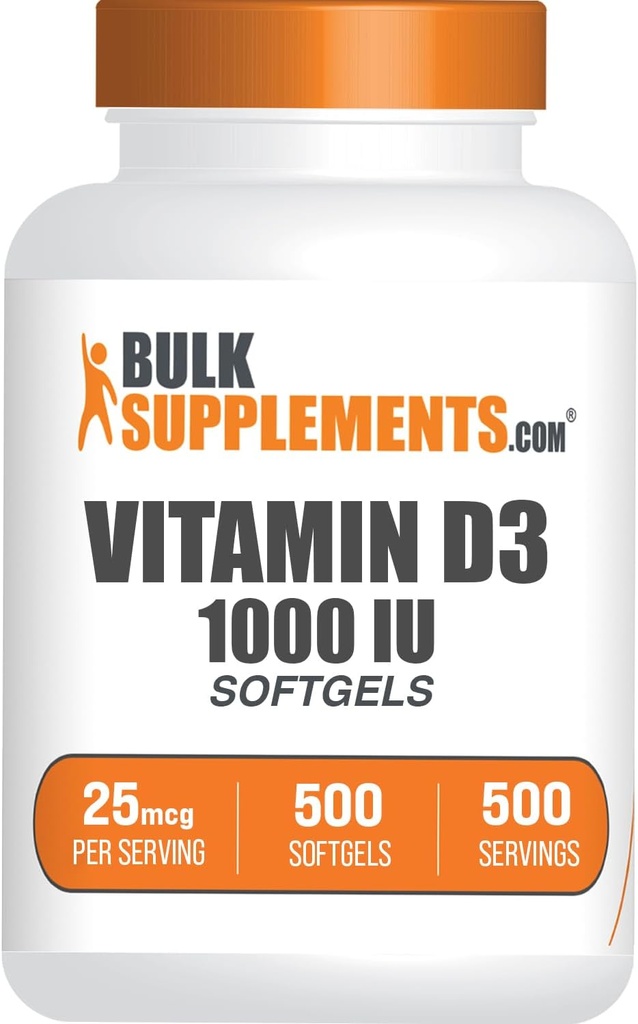 BulkSupplements.com Vitamina D3 1000IU Softgels - Cholecalciferol, D3 Suplemento, Vitamina D 1000 UI - 1 Vitamina D3 Softgel (25 mg de vitamina D) por servidumbre, 500 Cuenta (Pack of 1)