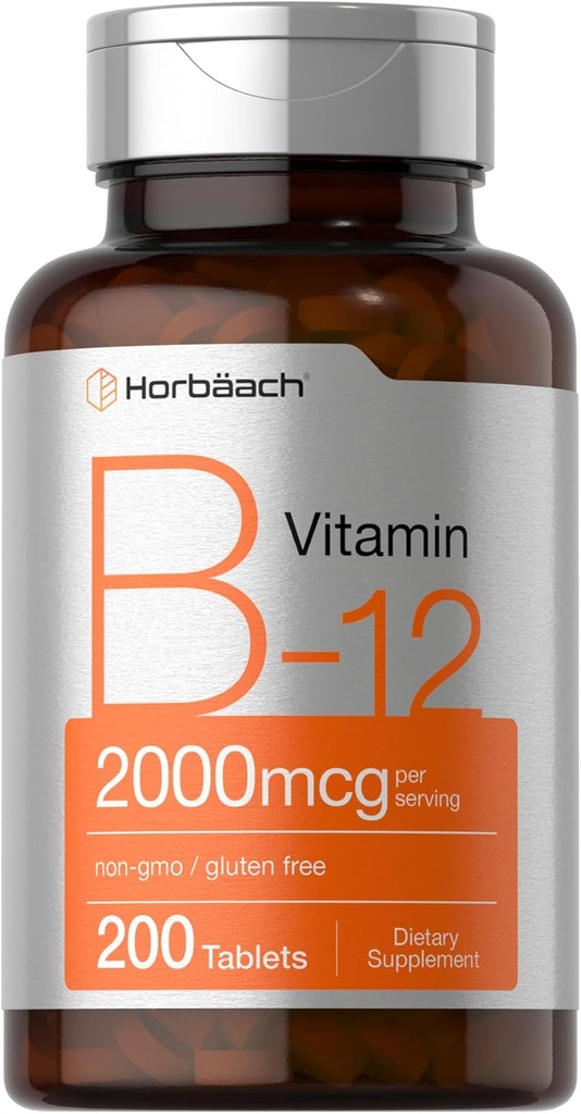 Horbäach B12 Vitamina 2000 mcg tención 200 Tablets ← Suplemento Vegetariano Silencio No GMO & Gluten Gratis