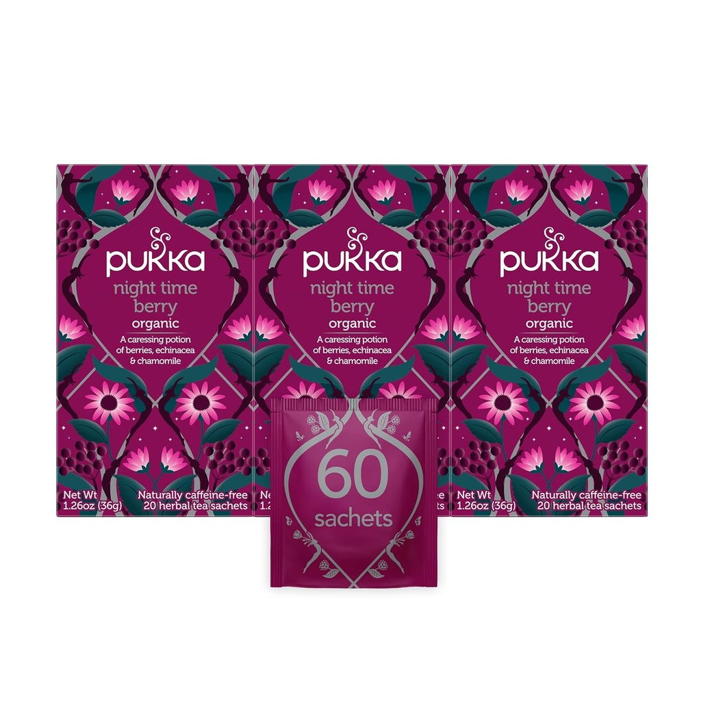 Bolsos de té orgánicos Pukka, Tiempo de noche Berry Herbal Té con manzanilla, Echinacea y Elderberry, Perfecto para el bienestar de la noche, 20 Cuenta (Pack of 3), 60 Bolsas de té