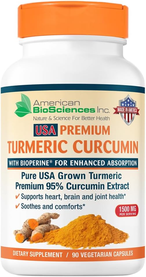 Curcumina Turmérica Premium Pure USA Grown con BioPerine 1500mg - 95% Curcuminoides Estándarizados " Extracto de Pepper Negro para la absorción mejorada - Soporte Conjunto Natural - 90 cápsulas