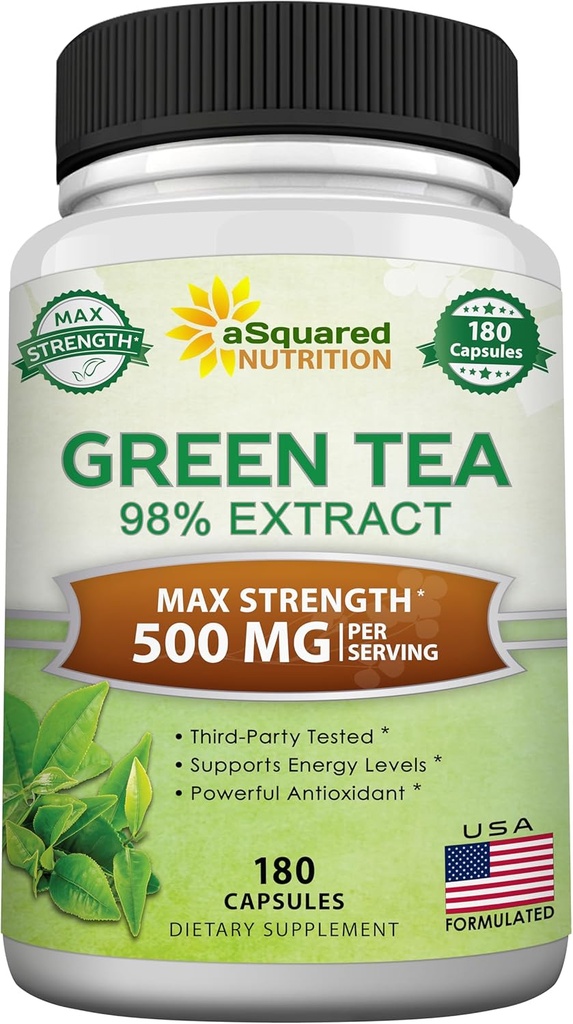 ASquared Nutrition Green Tea Extract with EGCG – 180 Capsules – 500mg por cápsula – 75% Polyphenols, 45% EGCG – Antioxidant Support, Heart Health, Natural Detox – Low Caffeine Supplement