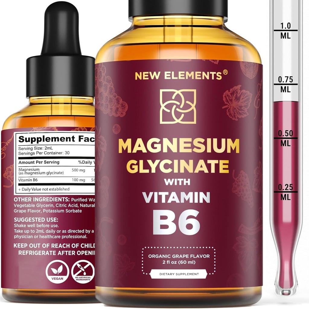 Líquido de Magnesio gotas Glycinate con vitamina B6 - Suplemento de magnesio 500mg & vitamina B6 100mg No Gluten ← Stress Relief Silencio para dormir " Relajación ← Muscle " Heart Support Silencio Natural " Vegan