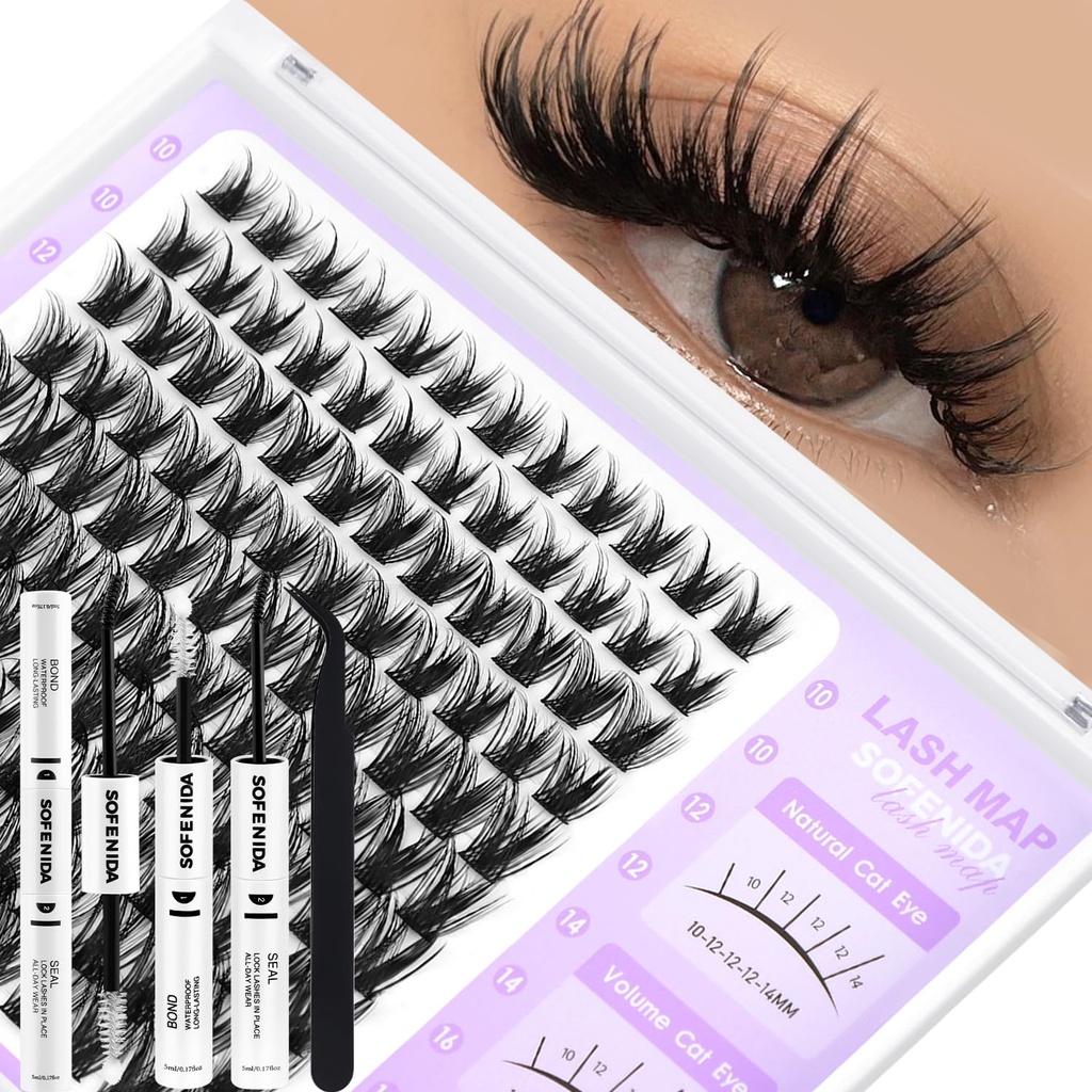 SOFENIDA Lash Clusters Kit Wispy Lash Clusters Cluster Eyelash Extensions 10-18mm Lash Extension Kit Eyelash Cluster Eyelash Extensions Waterproof DIY Individual Lashes Clusters with Soft Thin Band
