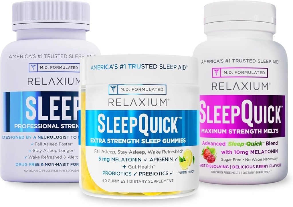 Relájate Durmiendo 60 Capsule+ Dormir rápido Melts + Gummies (Faamily Pack Sleep Bundle)