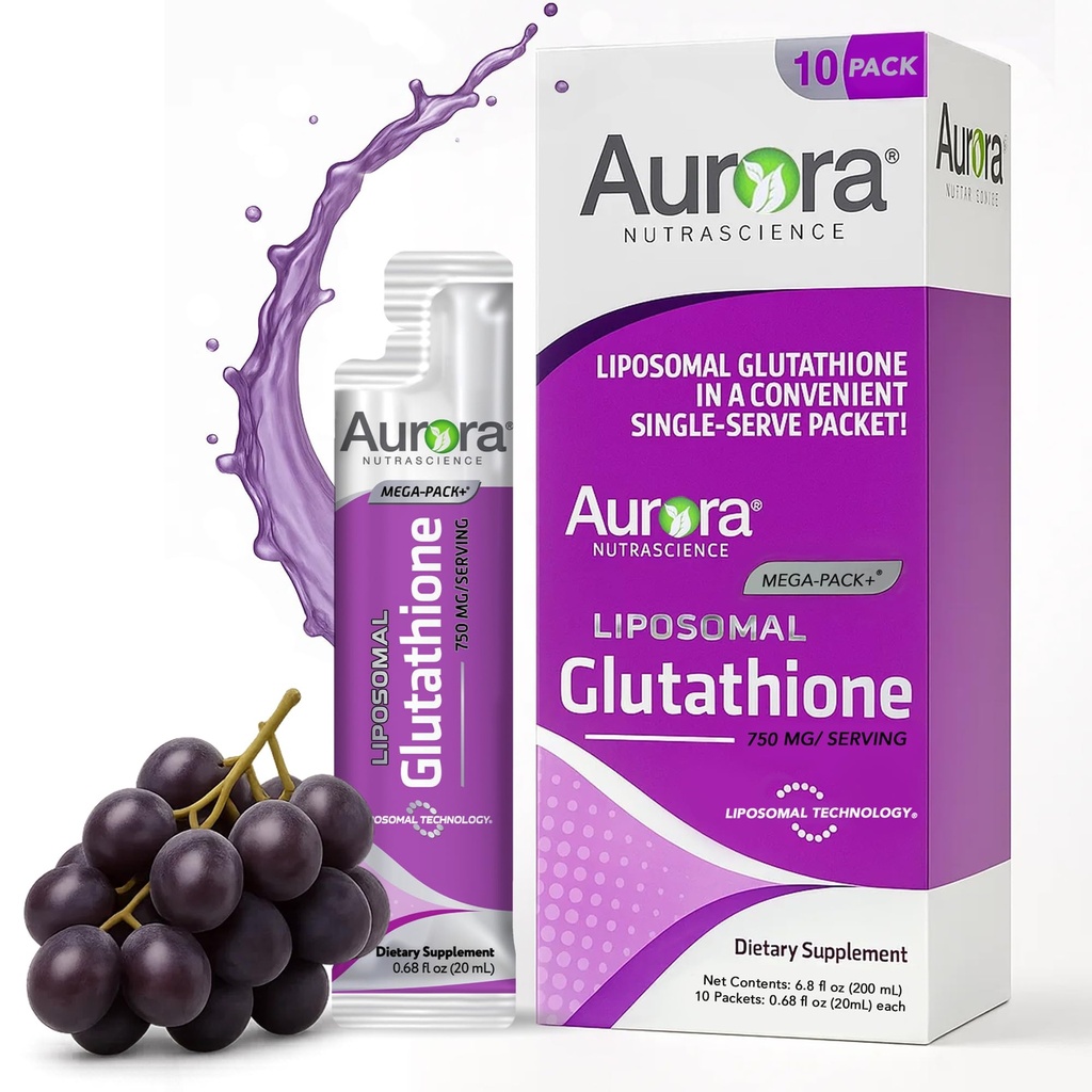 Aurora Nutrascience Mega-Liposomal Glutathione líquido, Immune & Antioxidant Gut Health Support Suplemento, 750 mg por Serving, Non-GMO, Sugar-Free, 10 Single Serve Packets