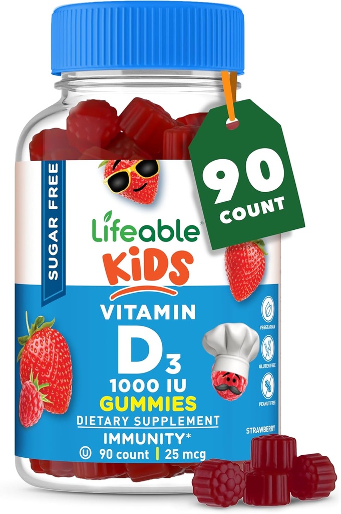 Vitamina D gratuita de azúcar para niños 1000 UI – Gran sabor natural suplemento de goma de sabor – Gluten libre vegetariano – para huesos fuertes y saludables, para niños, adolescente, Toddler, 90 Gummies