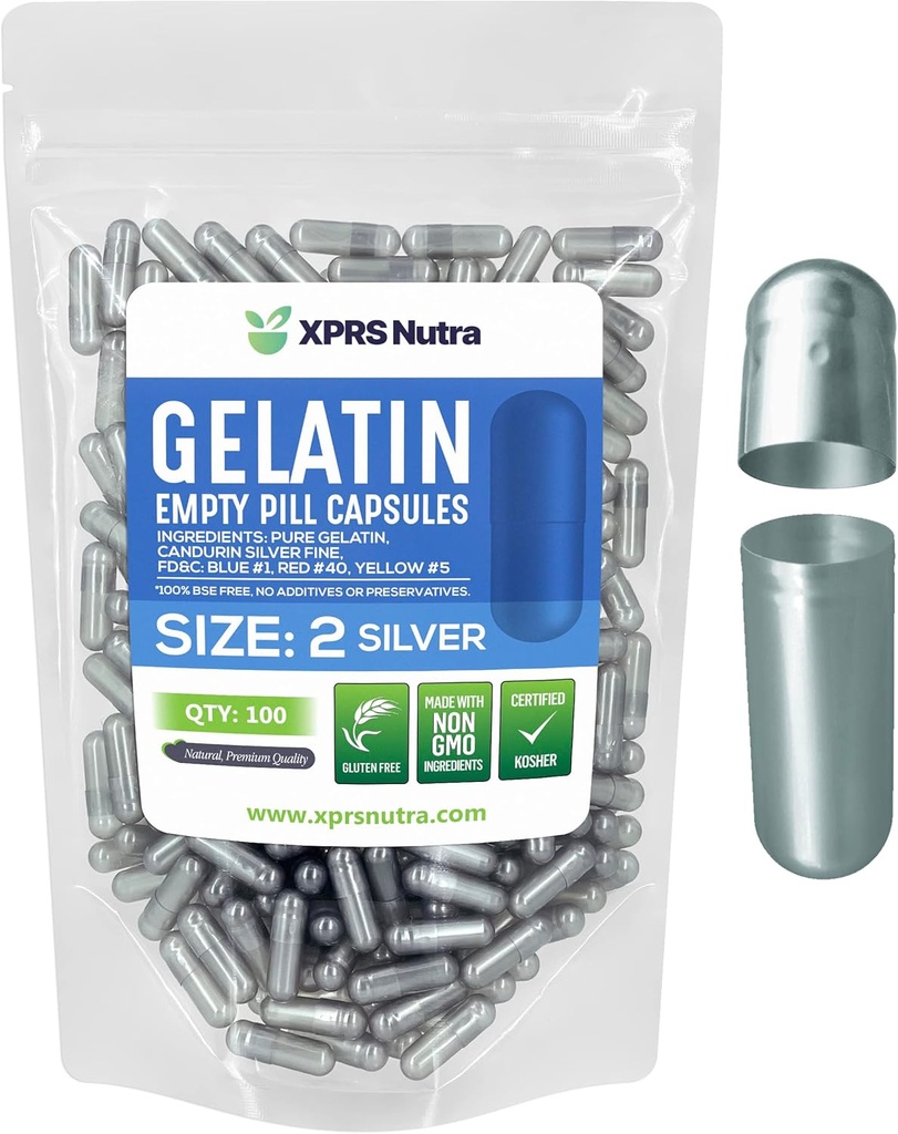XPRS Nutra Size 2 Empty Capsules - 100 Count Empty Gelatin Capsules - Pills DIY Capsule Filling - Pure Bovine Pill Gel Caps for Do-It-youself Supplements (Silver)