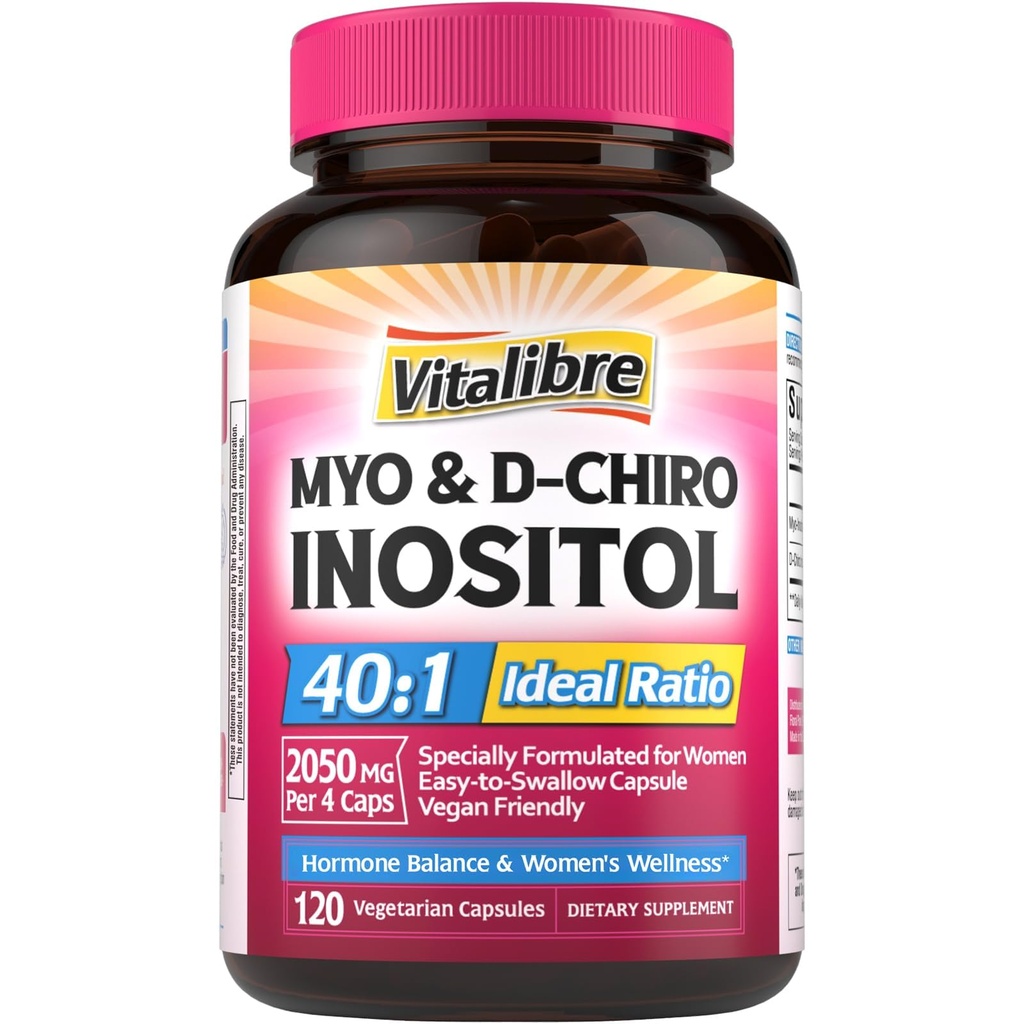 Suplemento de Inositol, Myo-Inositol " D-Chiro Inositol Fertilidad Suplementos para Mujeres, 40:1 Relación ideal, Equilibrio hormonal y Apoyo Ovárico, 120 cápsulas Veganas