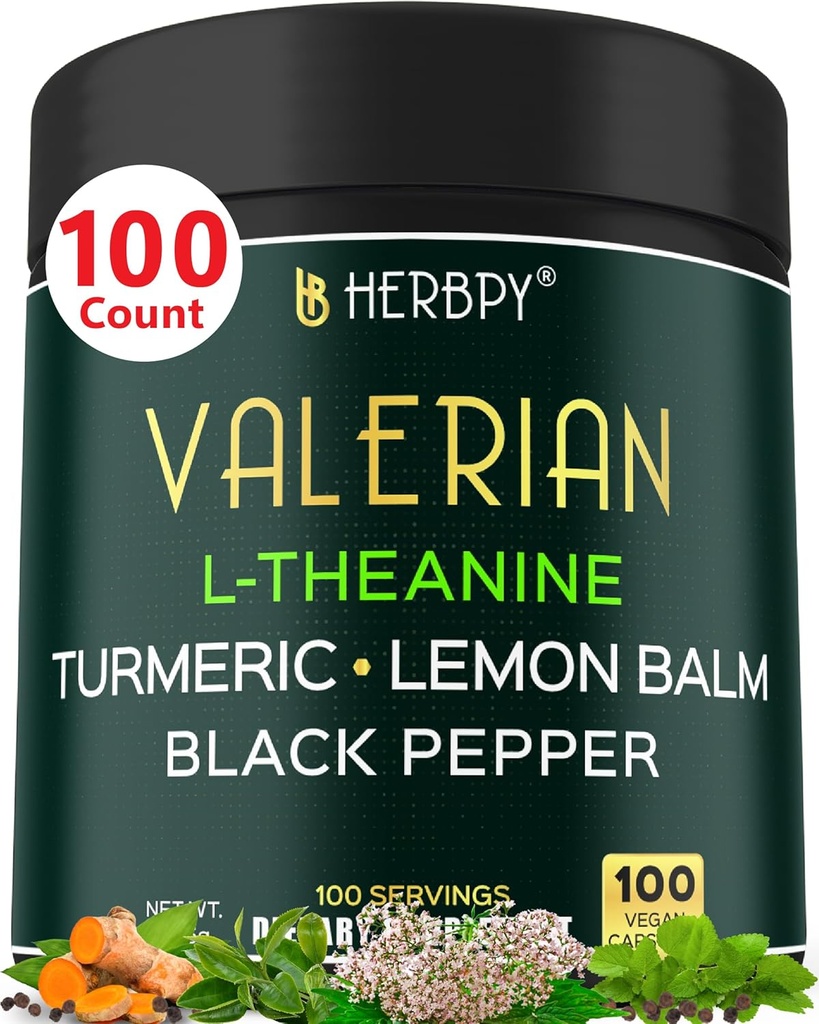 5in1 Valerian Root Capsules Plus L-Theanine, Lemon Balm, Turmeric y Black Pepper for Relaxation, Restful Night, Digestion & Immune Support - 100 Count
