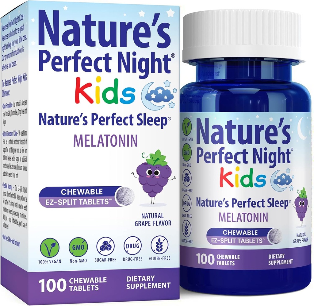Chicas perfectas de la naturaleza para niños minusválidos Melatonin 1mg Ø 100 Tablas agradables Silencio Natural Grape Flavor ¦ Sugar Gratis ← Vegan TEN Gluten Free ← Drug Free ← Tamaño