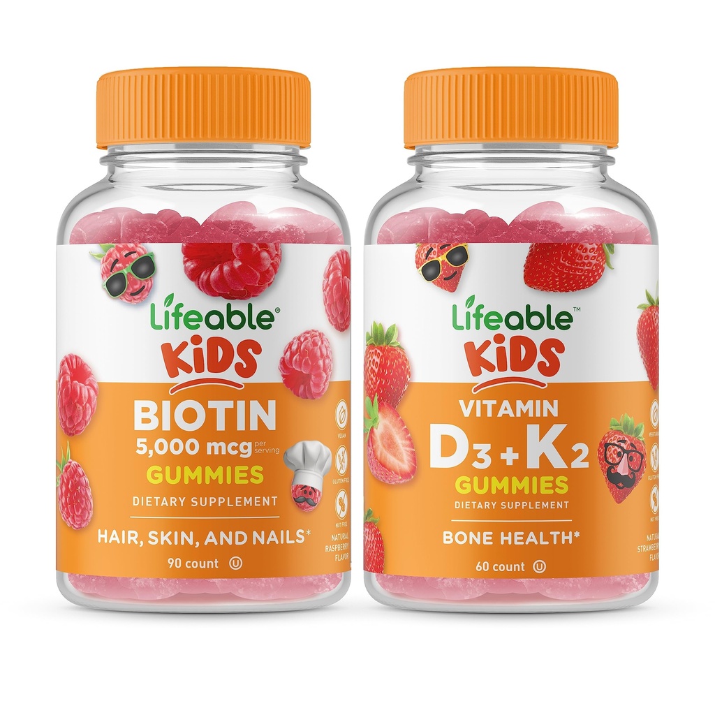 Lifeable Biotin Kids + Vitamina D3 + Vitamina K2 Kids, Gummies Bundle - Great Tasting, Vitamin Supplement, Gluten Free, GMO Free, Chewable Gummy
