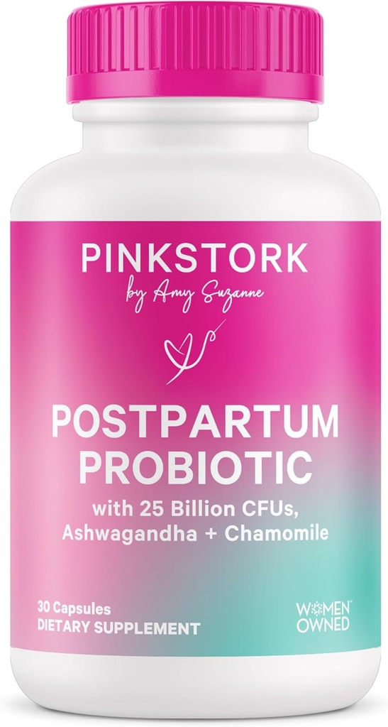 Probióticos de estufa rosa para mujeres postnatales - 30 millones de francos CFUS con Ashwagandha y manzanilla, Esenciales posparto para el equilibrio hormonal, Apoyo al humor, Salud Gut, Bienestar Digestivo, 30 cápsulas