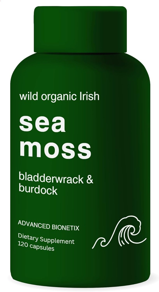 Organic Irish Sea Moss Capsules, Raw Wildcrafted Seamoss Enhanced w/Bladderwrack & Burdock Root Capsules 120 Total Pills Antioxidant Packed. Superalimentos prebióticos, soporte de tiroides