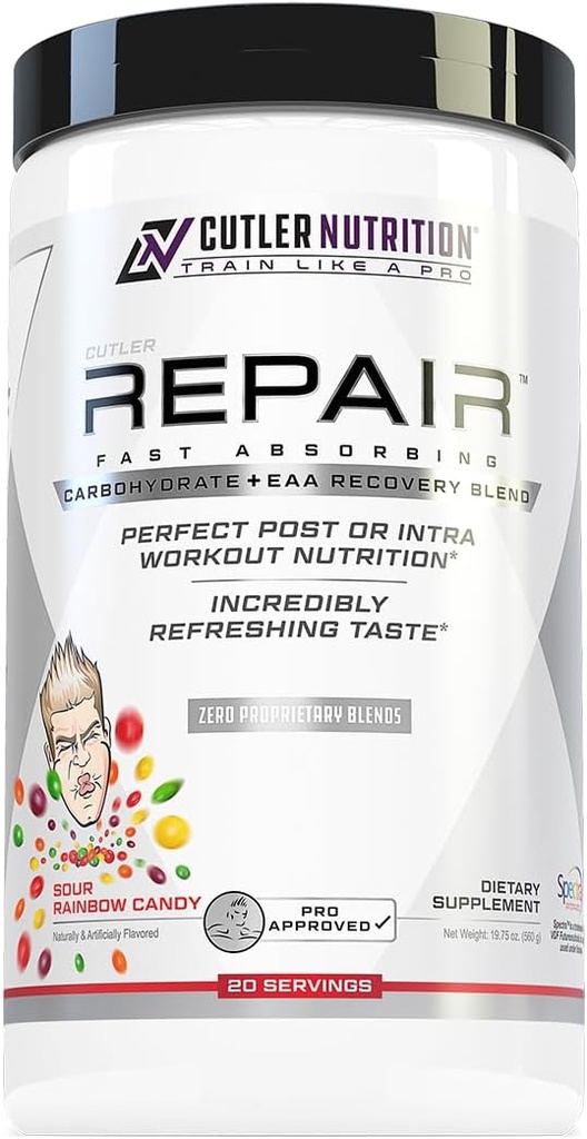 Reparación de la bebida de recuperación después del entrenamiento: rápido absorción de carbohidratos (Waxy Maize + Cluster Dextrin) y BCAA/EAA para la recuperación del músculo avanzado, Sour Rainbow Candy, 20 Servings