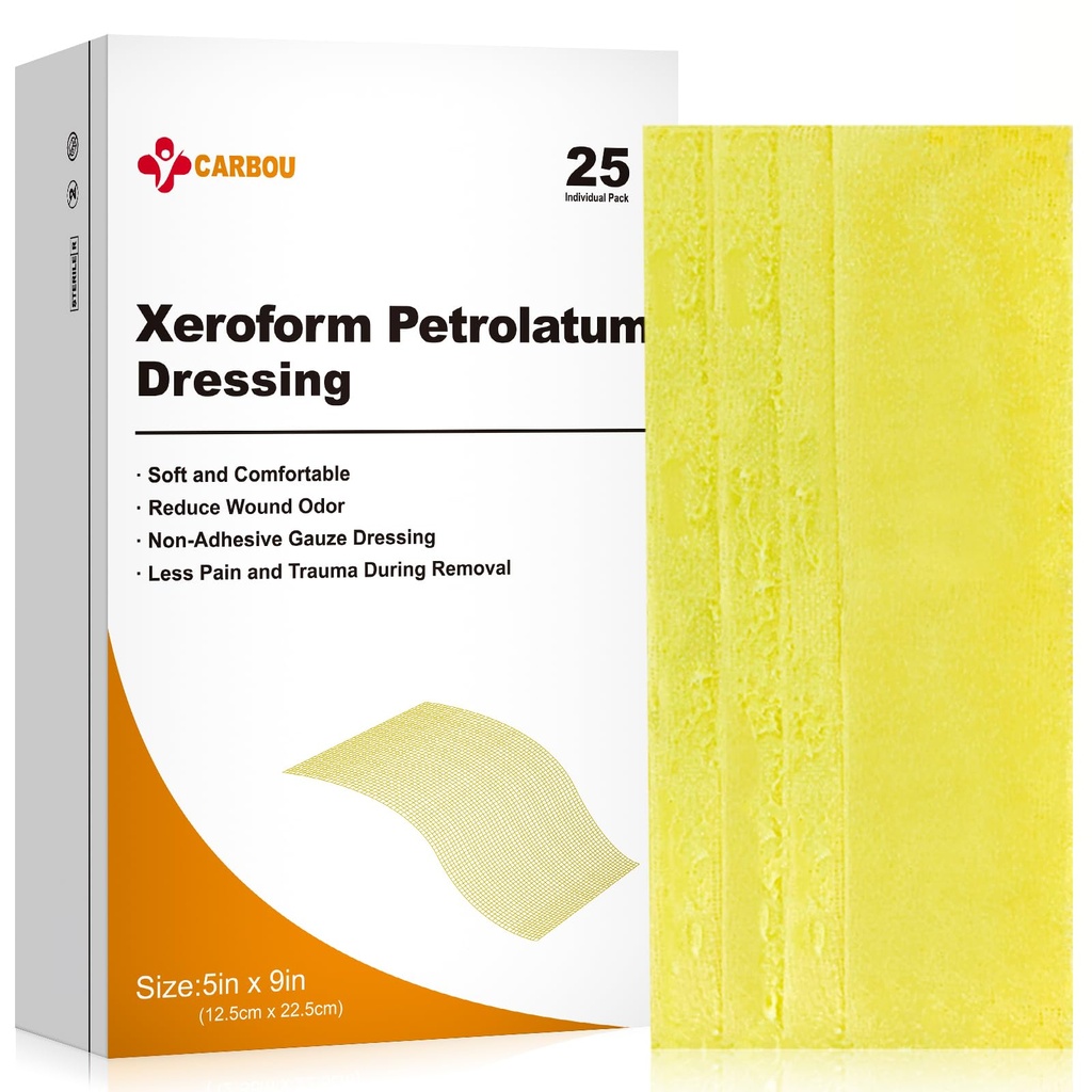 Carbou Medical Xeroform Petrolatum Dressing 5"x9", 25 Individual Pack, Non-Adherent Gauze Pads, Soft Fine Mesh Gauze Patch for Wound Care, Burns, Lacerations, Skin Grafts & Surgical Incisions