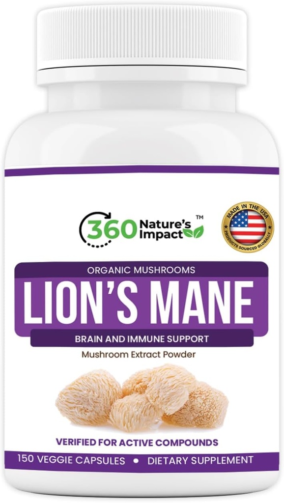 Los leones de impacto de la naturaleza Mane Mushroom Suplemento cápsulas (150 cápsulas) para el suplemento de apoyo a la salud cerebral, Suplemento orgánico con Beta-Glucans " Hypromellose for Cognitive System