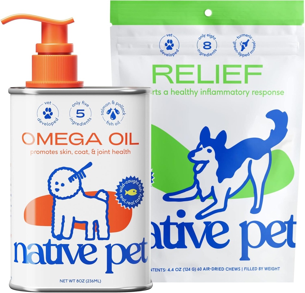 Aceite de omega de mascotas nativas para perros - Suplementos de aceite de pescado de perros & Alivio - Antiinflamatorios para perros TEN 60 Mandíbulas de perros ANTE 8 oz. Oleo de omega