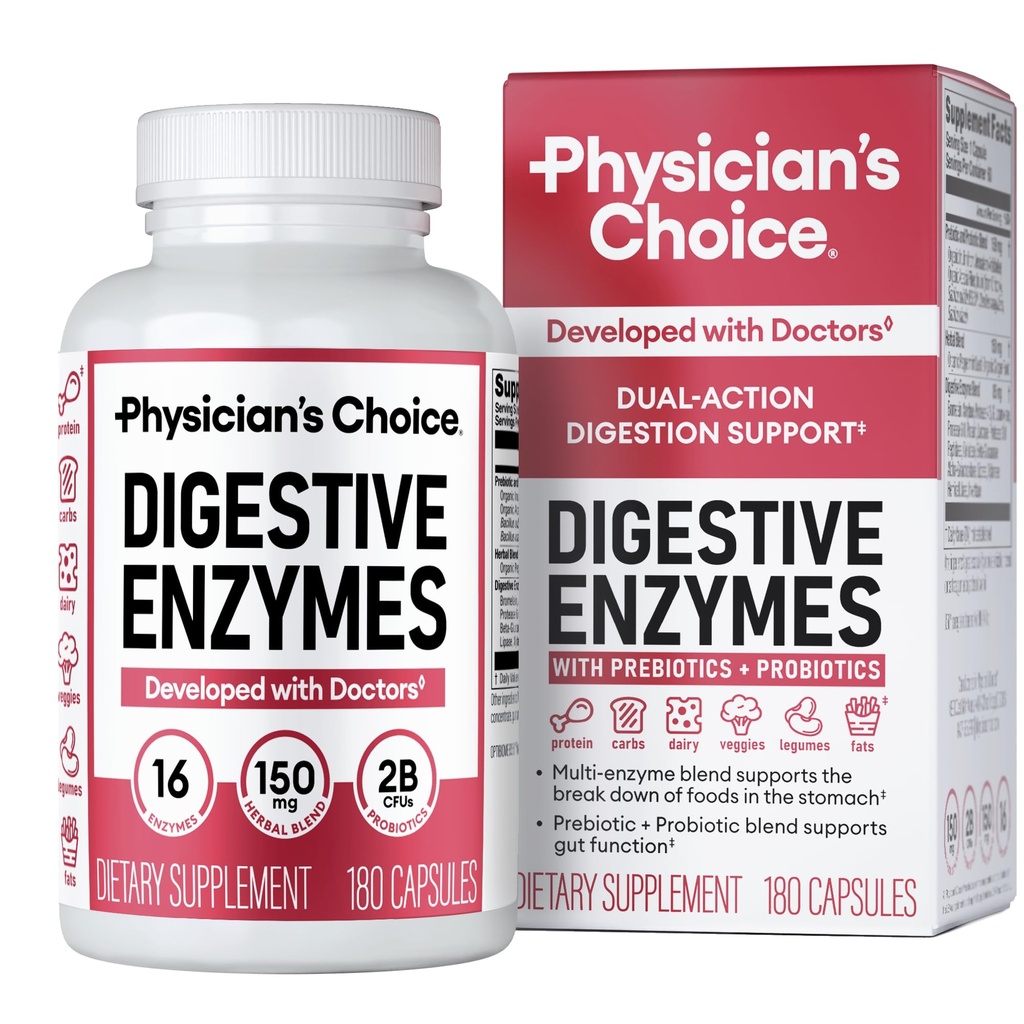 Physician's CHOICE Digestive Enzymes for Bloating & Digestion - Fast-Acting 16 Enzyme Formula with Organic Prebiotics & Probiotics for Gut & Digestive Health - Meal Time Discomfort Relief - 180 CT