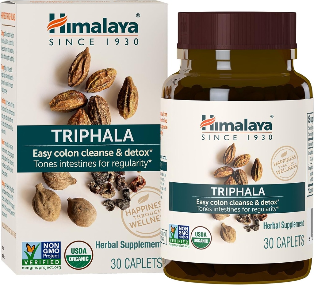 Himalaya Orgánica Triphala - Suplemento de salud digestivo para limpieza de colon y alivio ocasional de sofocación y estreñimiento - USDA Organic, Vegan, Non-GMO, Gluten Free, 688 mg, 30 cápsulas