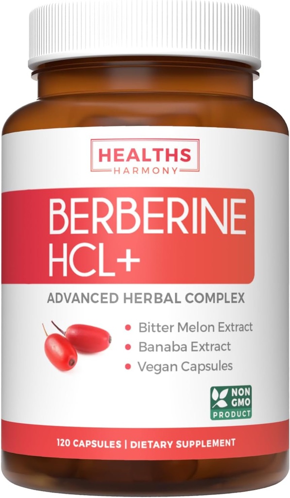 Berberine Supplement (Non-GMO " Vegetarian) Berberine HCL Plus Bitter Melon " Banaba Leaf Extract Capsules - Berberine 500mg Cada, 1000mg Por Serve - Activador metabólico AMPK - 120 caps (sin pastillas)