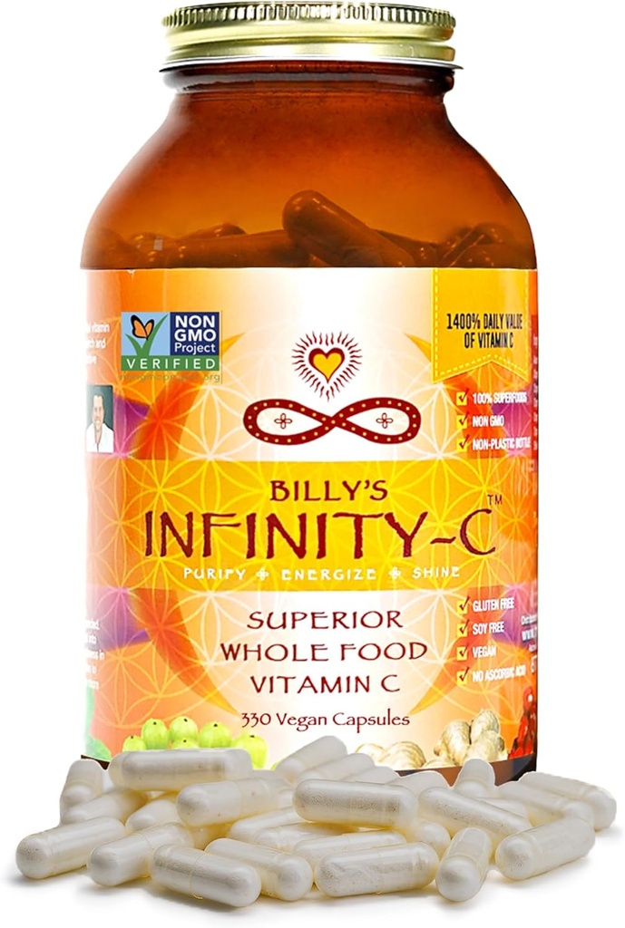 Infinity-C Organic Vitamin C Capsules, Bioavailable VIT C de Acerola, Camu Camu & Amla, Whole Food Vitamin C 1000mg, Immune Support Superfoods, Shilajit, Astragalus Root & Ginger (30 Servings)