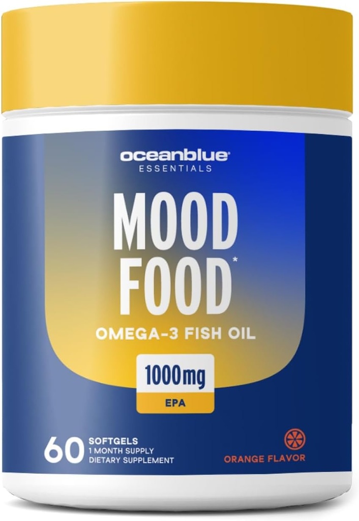 Oceanblue Essentials Mood Food Omega 3 ← Triple Strength Fish Oil 1000mg EPA for Mood Support ← Burpless Mini Softgels ANTE Heart Health, Non-GMO (60 Count)