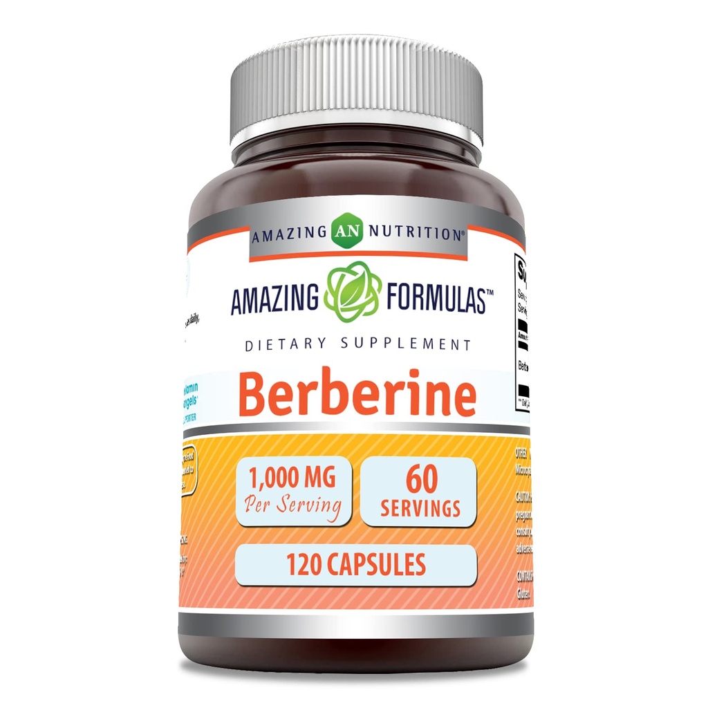 Amazing Formulas Berberine 1000mg Por Serving 120 Capsules Suplemento Silencio No GMO Silencioso Gluten Libre Silencio Made in USA