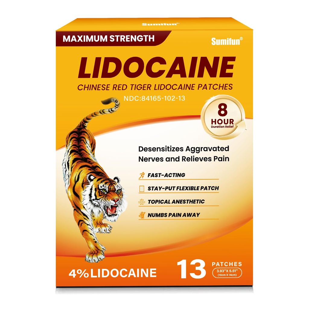 Sumifun 4% Lidocaine Pain Relief Patches,13 Count-Chinese Red Tiger Lidocaine Patches Maximum Strength Gel Patch for Muscule Sore Simple Backaches Joint Pain Topical Analgesic Odor Free
