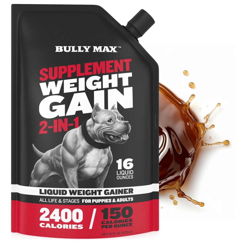 Bully Max Liquid Weight Gainer for Dogs – High Calorie Dog Supplement with Omega-3 & Whey Protein – 2-en-1 Multivitamin for Healthy Weight Gain – for Puppies & Adult Dogs – 16 oz