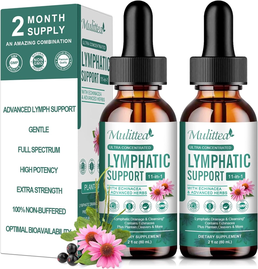 Lymphatic Drainage Drops-Vegan 11-in-1 Lymphatic Drainage Suplementos-Lymph System Support with Echinacea,Cleavers,Elderberry-Detox Cleanse-Non-GMO -2 fl oz-60 Servings-2 Pack