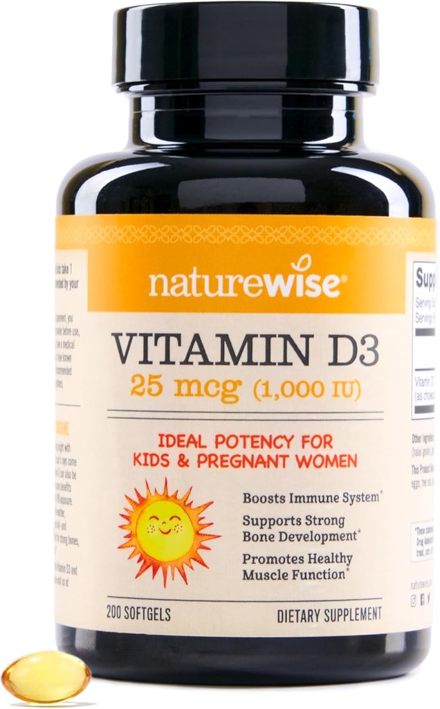 NatureWise Vitamin D3 1000iu (25 mcg) Suministro de 200 días para soporte inmunológico, función muscular saludable y salud ósea - no GMO, sin gluten en aceite orgánico de oliva virgen extra, (Mini Softgel), 200 Conde