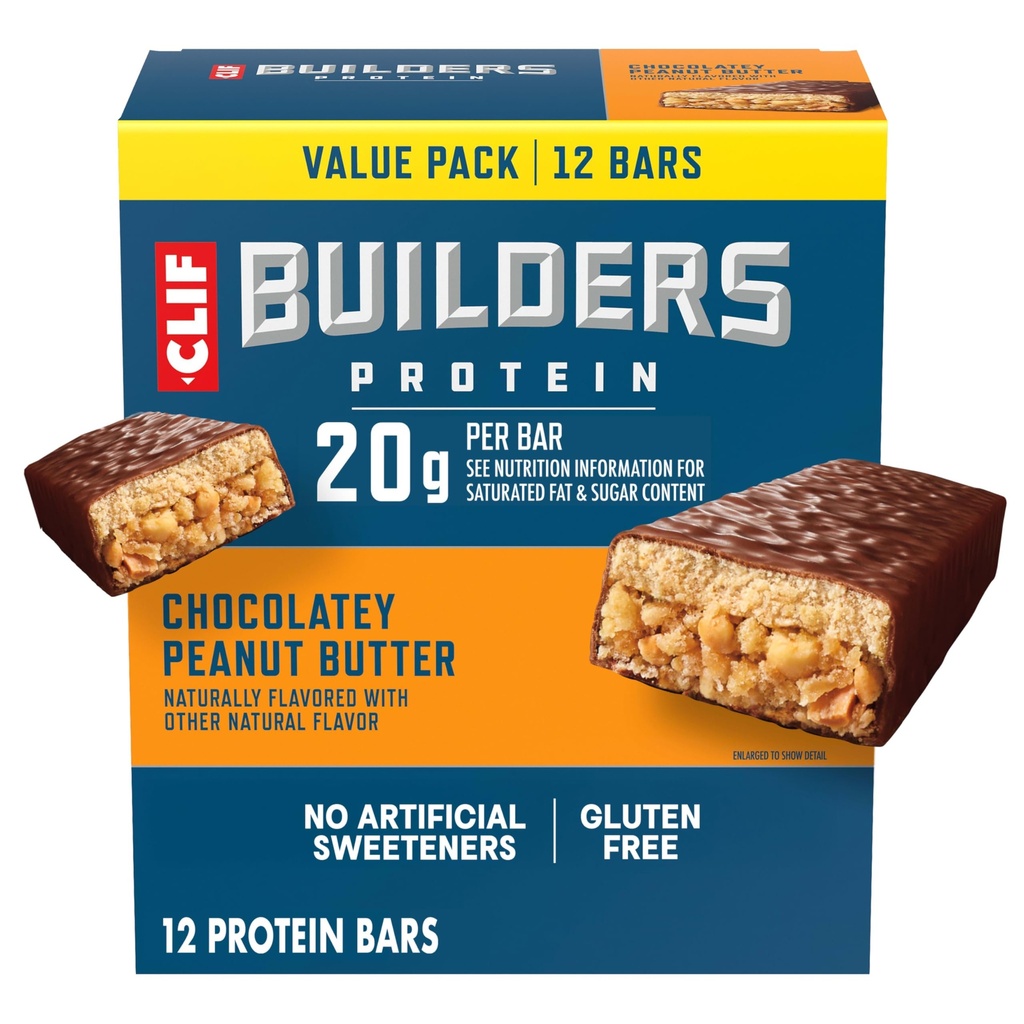 CLIF BUILDERS Protein Bares - Chocolate Peanut Butter Flavor - 20g Plant Based Protein - Gluten Free - Non-GMO - Low Glycemic - No Artificial Sweeteners - Value Pack, 2.4 oz. (12 Conde)