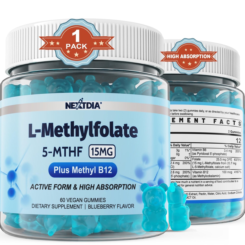 L-MetilFolate 15mg &amp; Methyl B12 Gummies, Methylated B1, B2, B6 Multivitamins - Active 5-MTHF & High Absorption - Supports MTHFR Gene, Cognition, Homocysteine Levels, Folate Metabolism, Vegan, 60 Cts