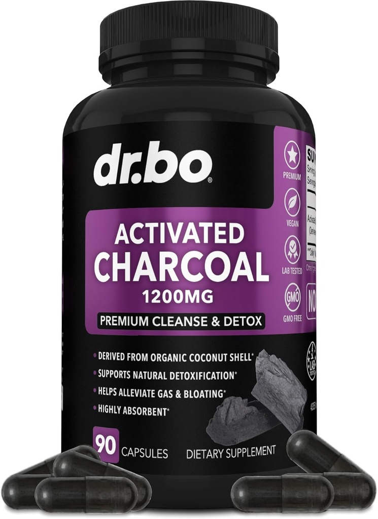 Cápsulas de carbón activados Cleanse Detox - 1200mg Píldoras de carbón orgánico de coco para gas estomacal y alivio de rubor para hombres mujeres niños - Cápsulas activas Binder de polvo Suplementos activados para Gut