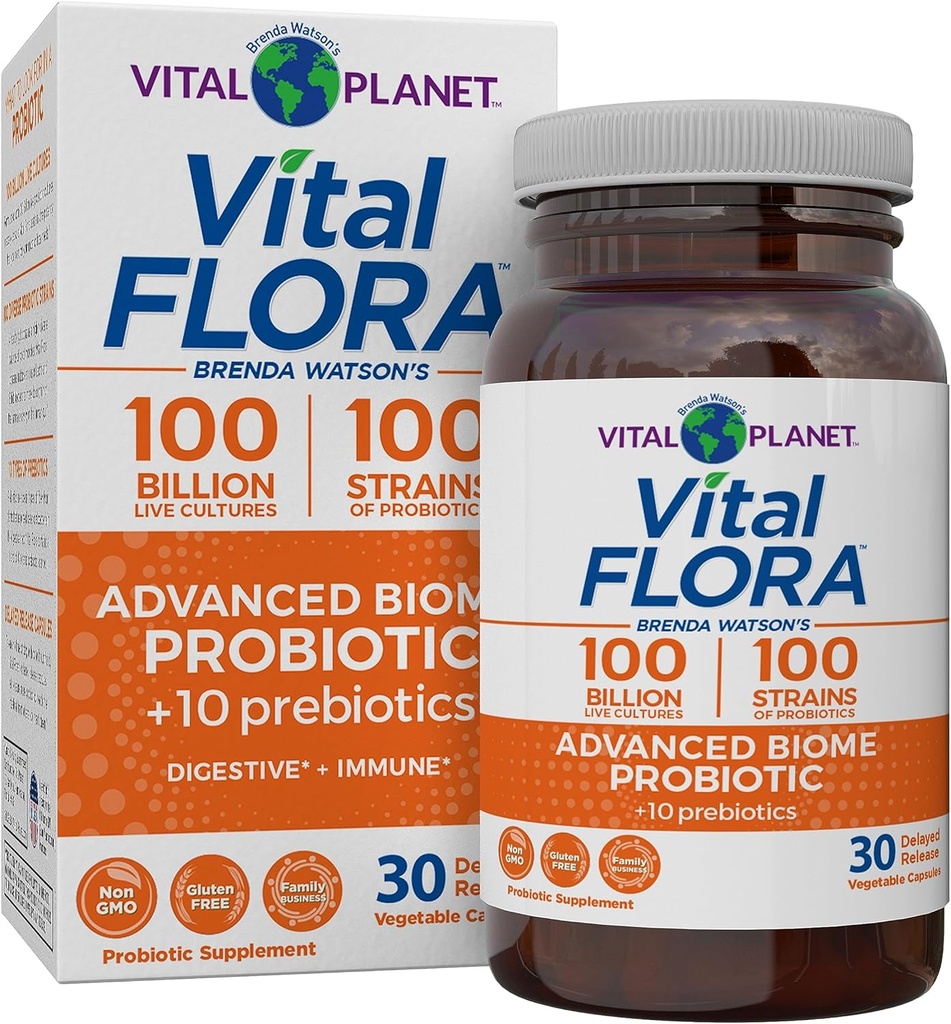 Planeta Vital - Vital Flora Advanced Biome Probiotic 100 Billion CFU, 100 Diverse Strains, 10 Prebióticos Orgánicos, Immune Support, Colon y Probióticos de Salud Digestivo para Mujeres y Hombres 30 cápsulas