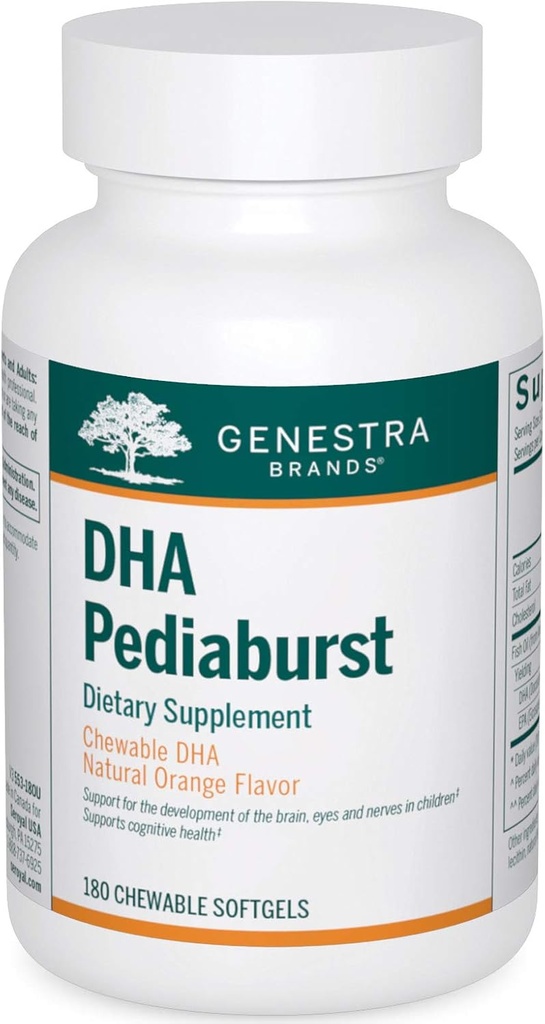Genestra Brands DHA Pediaburst ← Chewable DHA Suplemento TEN 180 Chewable Softgels TEN Natural Orange Flavor