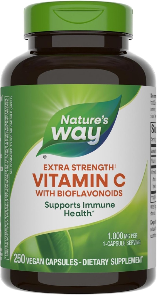 Vía de la Naturaleza Vitamina C con Bioflavonoides, promueve la producción de colágeno para la piel sana*, 1g Vitamina C como ácido ascóbico por cápsula, 250 cápsulas vegas (paquete mayo Vary)