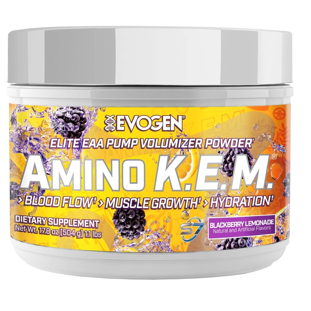 Evogen Amino K.E.M. - EAA & BCAA Powder Pump Volumizer | BCAAs Amino Acids Supplement for Blood Flow, Muscle Growth, & Hydration | BlackBerry Lemonade | 30 Servings