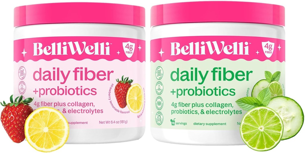 Suplemento diario de fibra Duo - limonada de fresa & pepino Lime Mint - con Collagen, Probióticos & Electrolitos - Refrescante Sabores para el Bienestar Equilibrado - 32 Servimientos Totales