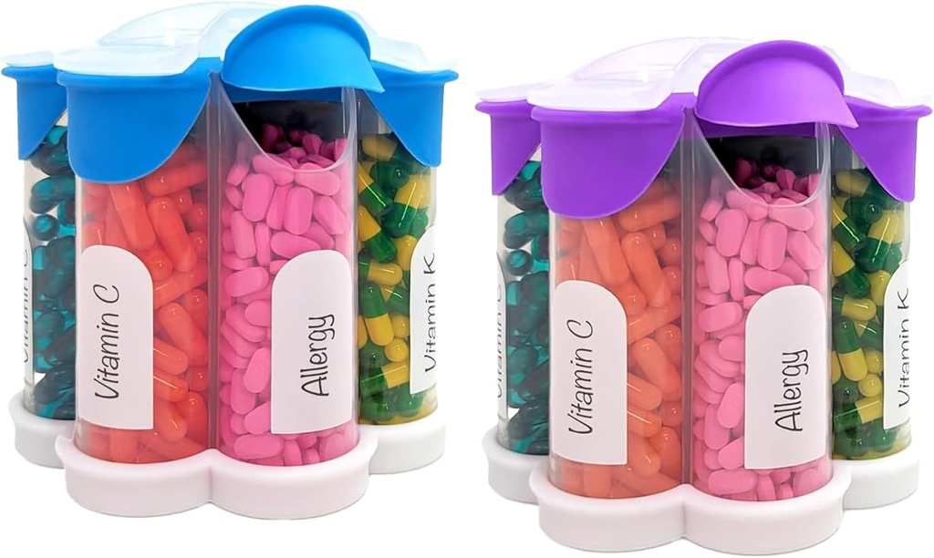 Organizador de píldoras extra grande diario, semanal, suplemento mensual botella, dispensador de píldoras lindo Blossom con 7 compartimentos XL (2 Pack Combo) (Light Blue y Purple)