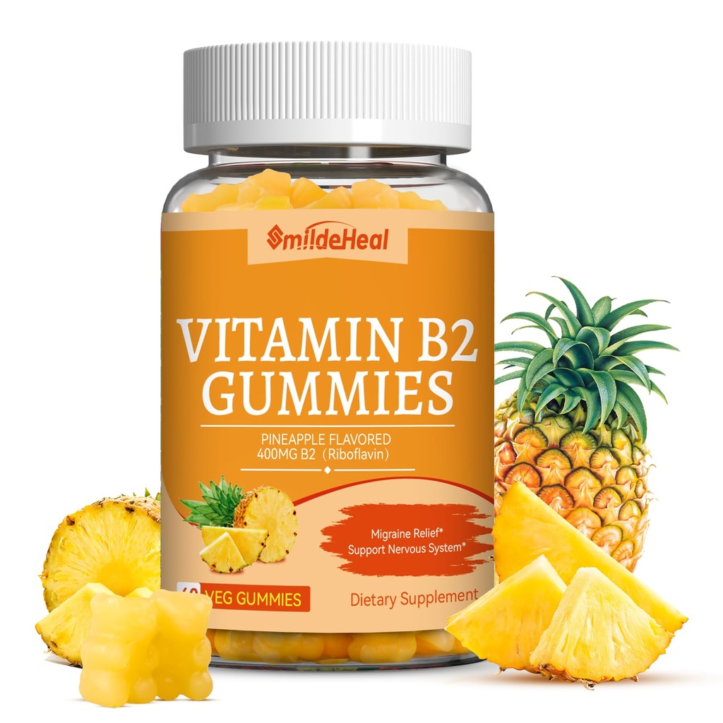 Vitamin B2 Gummies,Riboflavin 400mg Supplement with Magnesium for Adults,B2 Gummies for Migraine Relief* & Nervous System Support*,Vegan - 60 Counts