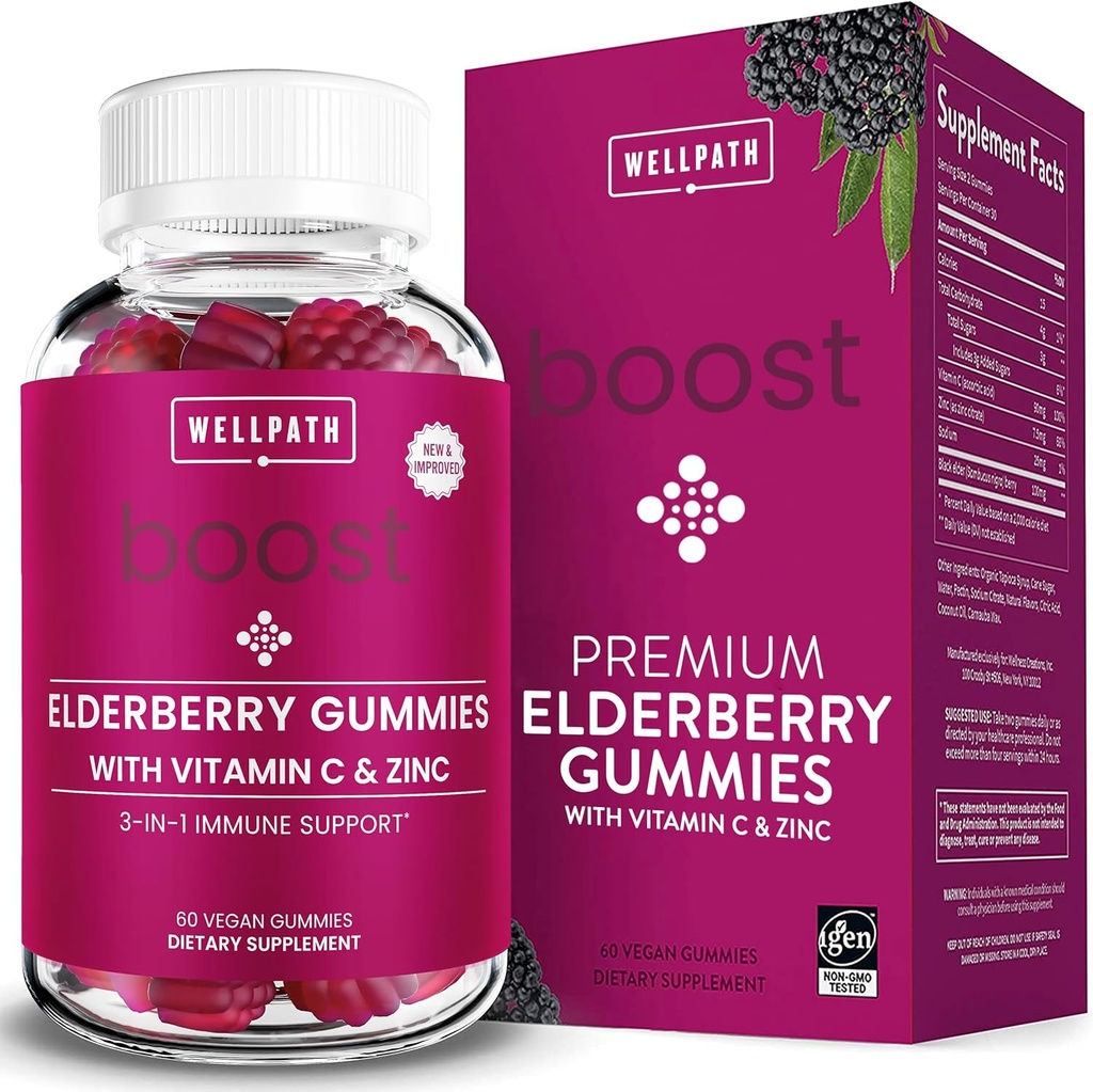 WellPath Boost Elderberry Gummies with Zinc & Vitamin C sometida Immune Support Supplement for Adults TEN Immunity Booster Vitamins TEN Sambucol Black Gummy TEN NO-GMO & Vegan, 60 Ct