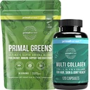 Primal Harvest Super Greens & Multi Collagen Capsules Suplementos para Mujeres y Hombres - Superfood Greens Powder y Multi Collagen Peptides Capsules for Hair, Skin y Nails Bundle