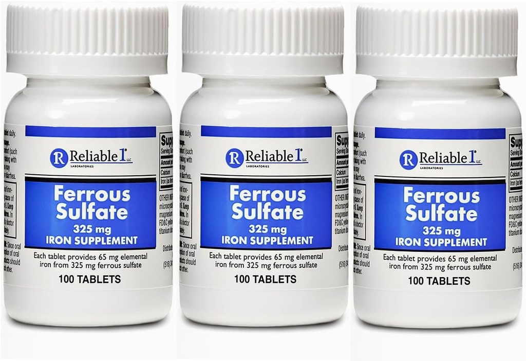 Ferrous Sulfate Iron 325 mg Genérico para Feosol 100 Tablets Pack de 3