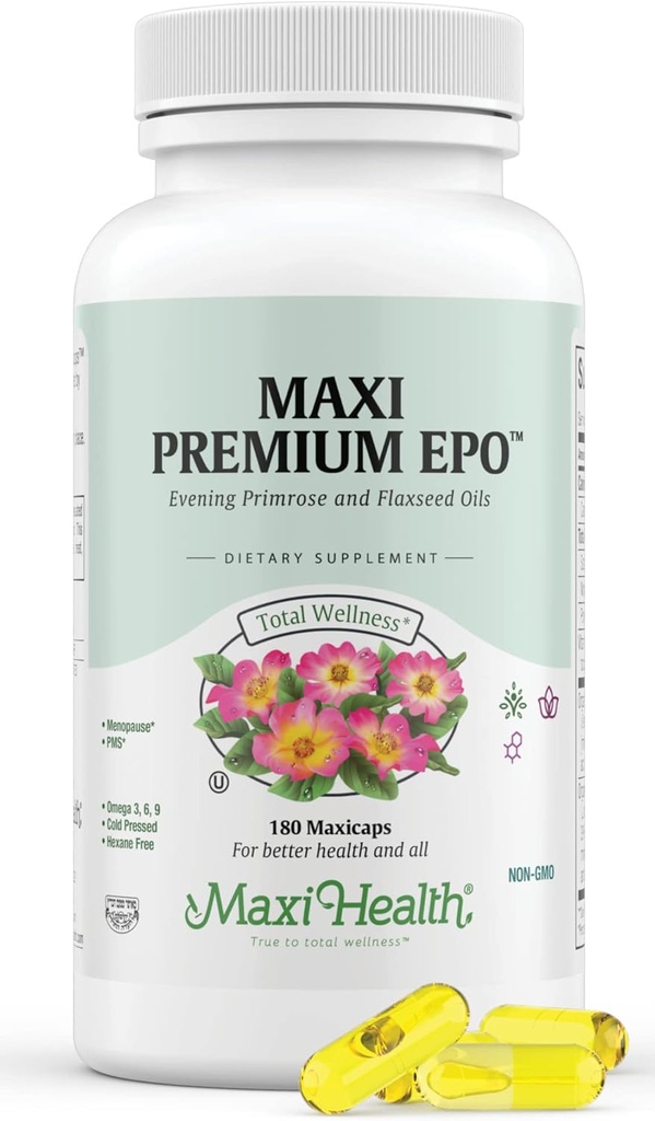 Maxi-Health Evening Primrose y Flax Seeds Oil Softgels - Vegan Omega 3 6 9 Suplementos para la piel sana, el pelo y las articulaciones - Kosher Certified, Orgánica Primrose Oil Softgels, 180 Conde
